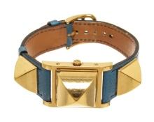 Hermes Blue Metal and Leather Medor Plated 23 Quartz Watch