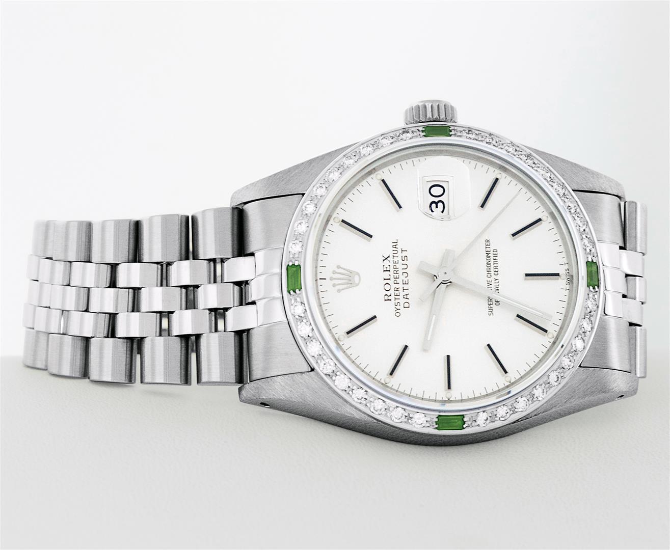 Rolex Mens Stainless Steel Silver Index 18K White Gold Diamond & Emerald Bezel 3