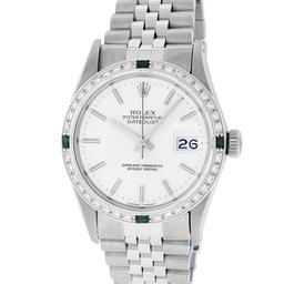 Rolex Mens Stainless Steel Silver Index Diamond And Emerald Bezel 36MM Datejust