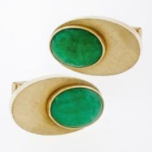 Large Vintage Mens 14K Yellow Gold Oval Jade Squared Puffed Florentine Cufflinks