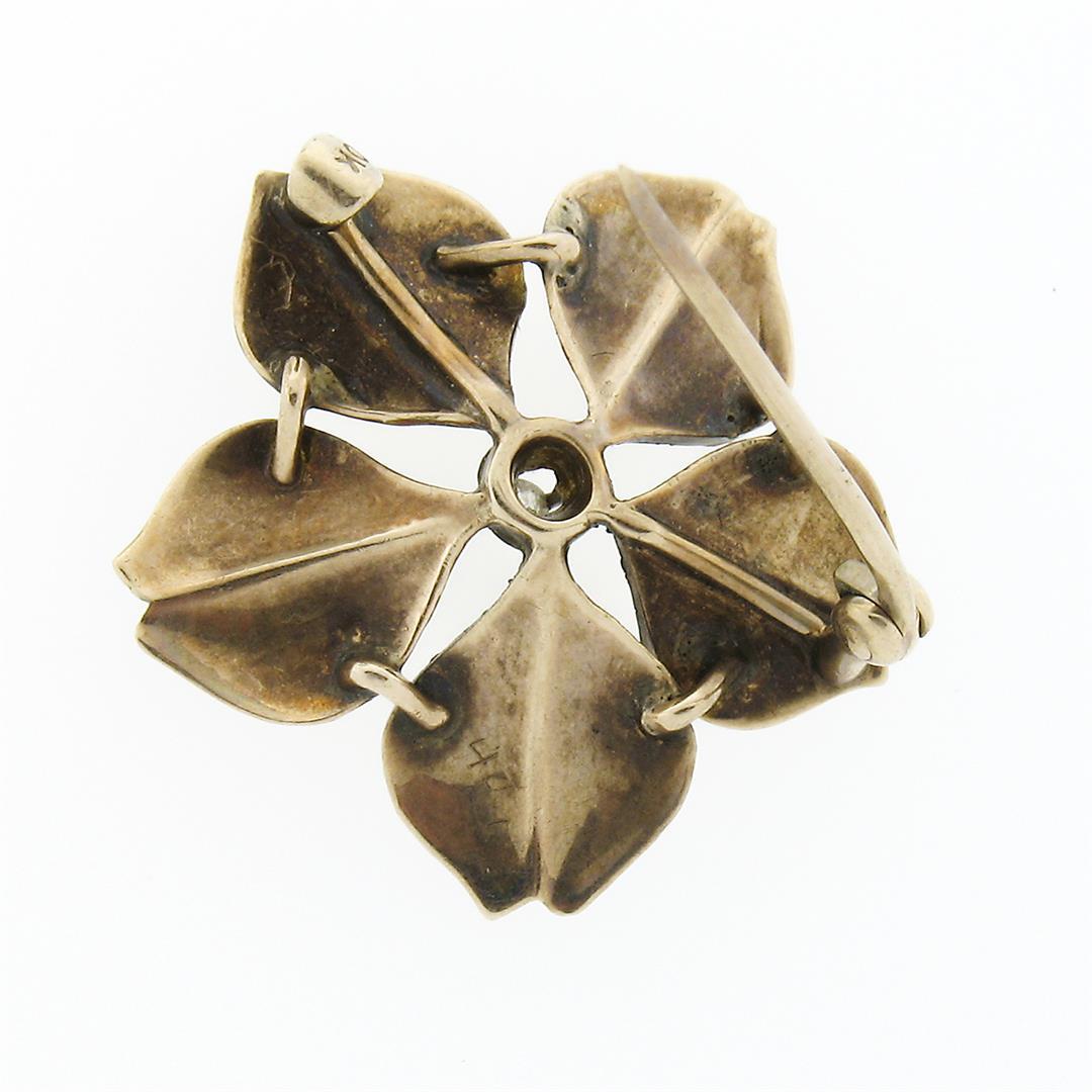 Antique Art Nouveau 10k Gold Diamond Seed Pearl Enamel Flower Petal Brooch Pin