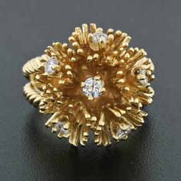 Vintage 14K Gold 0.48 ctw Diamond Twisted Wire Flower Burst Cluster Cocktail Rin