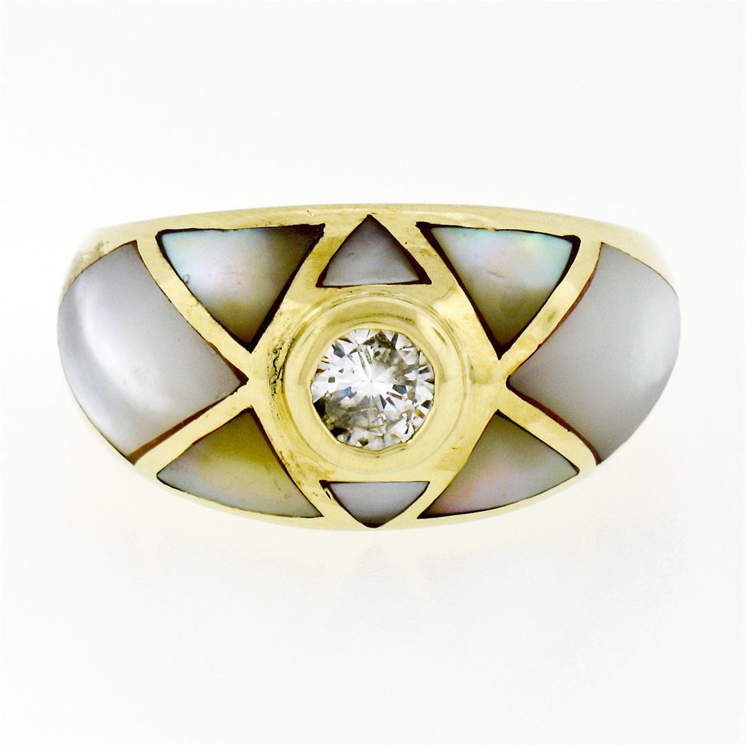 18K Yellow Gold .33 ctw Diamond Mosaic Inlaid Mother of Pearl Domed Wide Band Ri