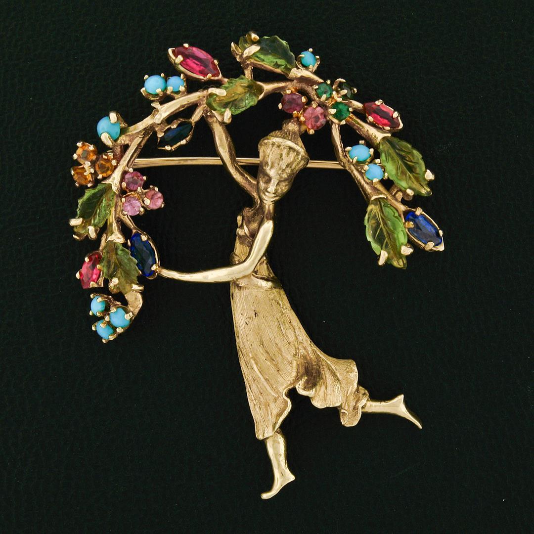 14k Gold 2.96 ctw Multi Colored Natural Gemstone Detailed Lady Wreath Pin Brooch