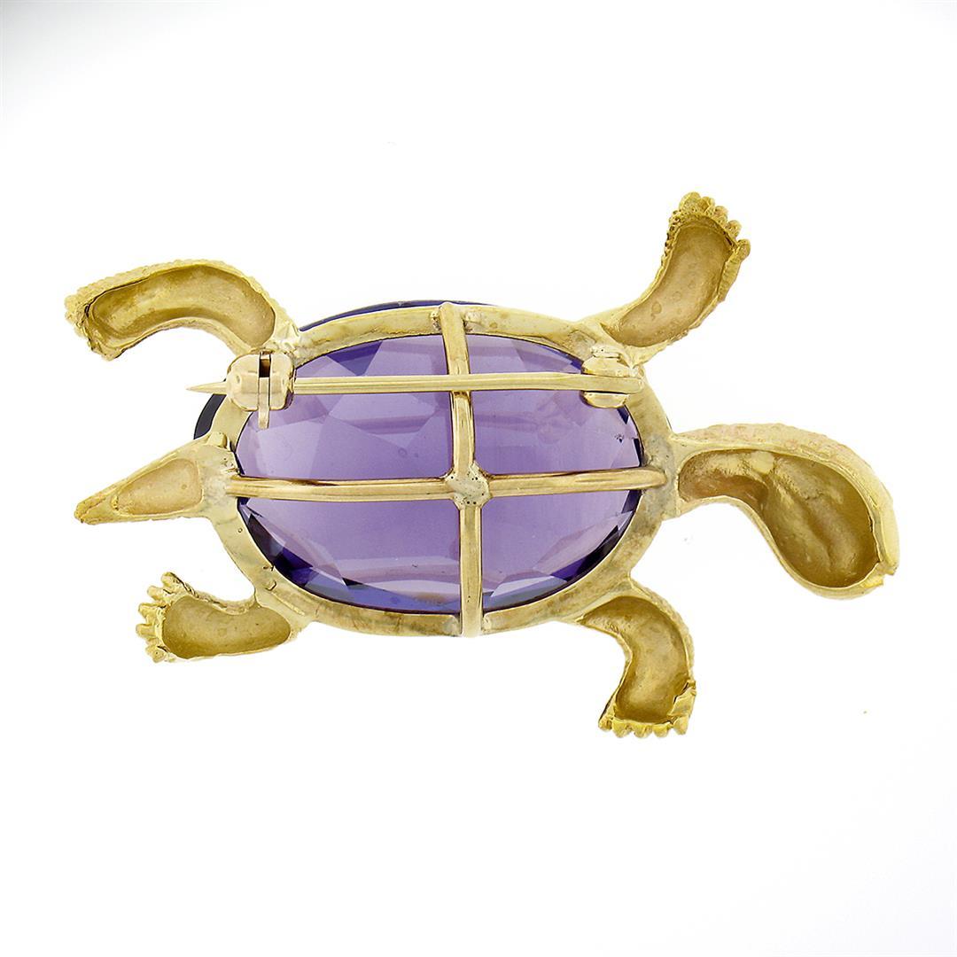 Vintage 14k Yellow Gold Oval Purple Stone Detailed Turtle or Tortoise Pin Brooch