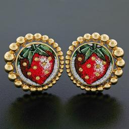 Sicis 18K Yellow Gold Micromosaic Strawberry w/ Yellow Sapphire Button Earrings