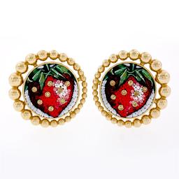 Sicis 18K Yellow Gold Micromosaic Strawberry w/ Yellow Sapphire Button Earrings