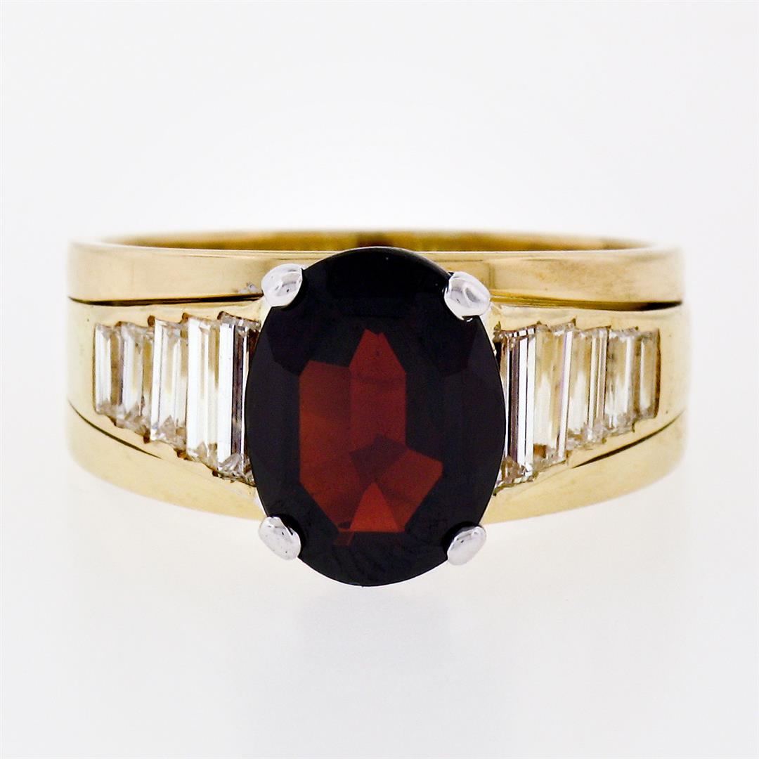 18K Yellow Gold Oval Faceted Garnet Solitaire 1.18 ctw Baguette Step Diamond Rin