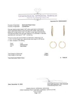 1.60 ctw Diamond Hoop Earrings - 14KT Yellow Gold