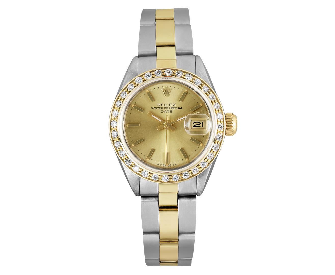 Rolex Ladies 2Tone Gold And Seel 18K Diamond Bezel Date Watch With Rolex Box