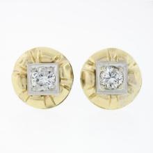 Unique Vintage 14k TT Gold 0.94 ctw Diamond Domed Grooved Button Stud Earrings