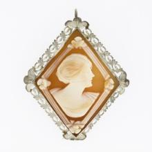 Vintage 14K White Gold Carved Shell Cameo Floral Filigree Lozenge Brooch Pendant
