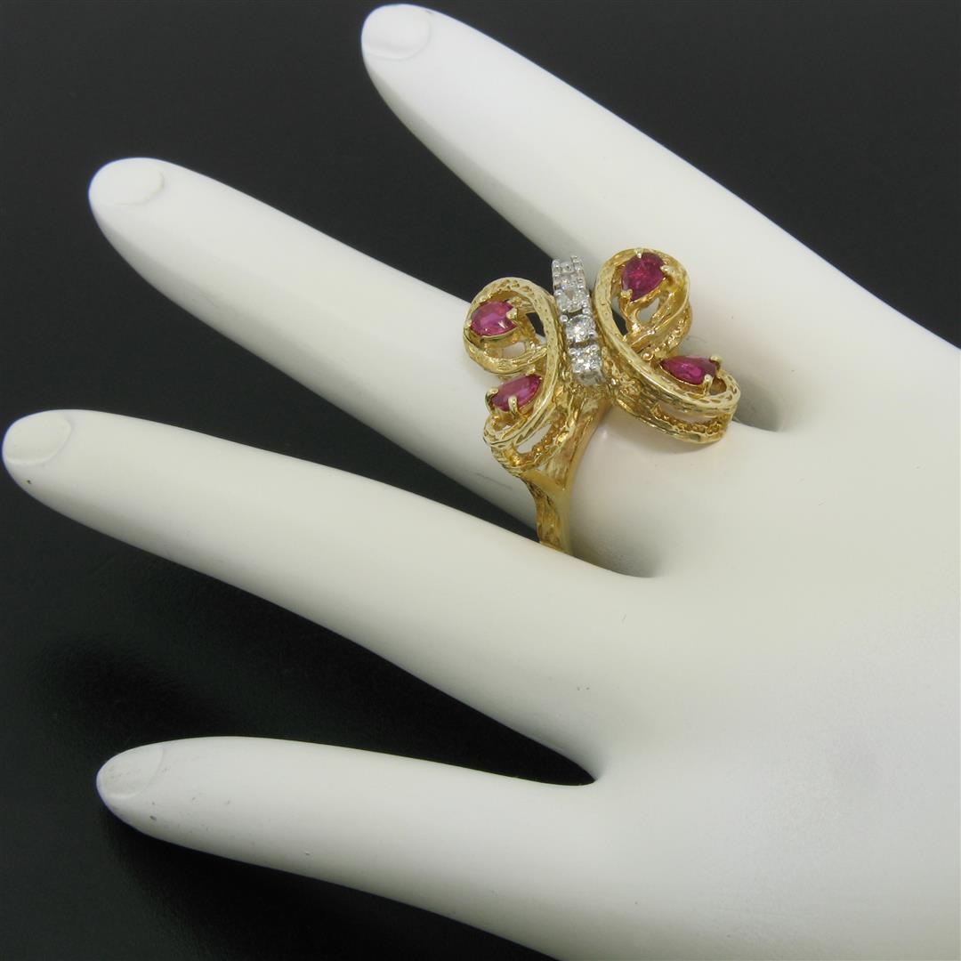 Vintage Detailed 14k Yellow Gold 1.35 ctw Pear Ruby Round Diamond Open Butterfly