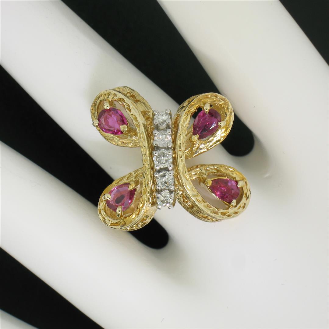 Vintage Detailed 14k Yellow Gold 1.35 ctw Pear Ruby Round Diamond Open Butterfly