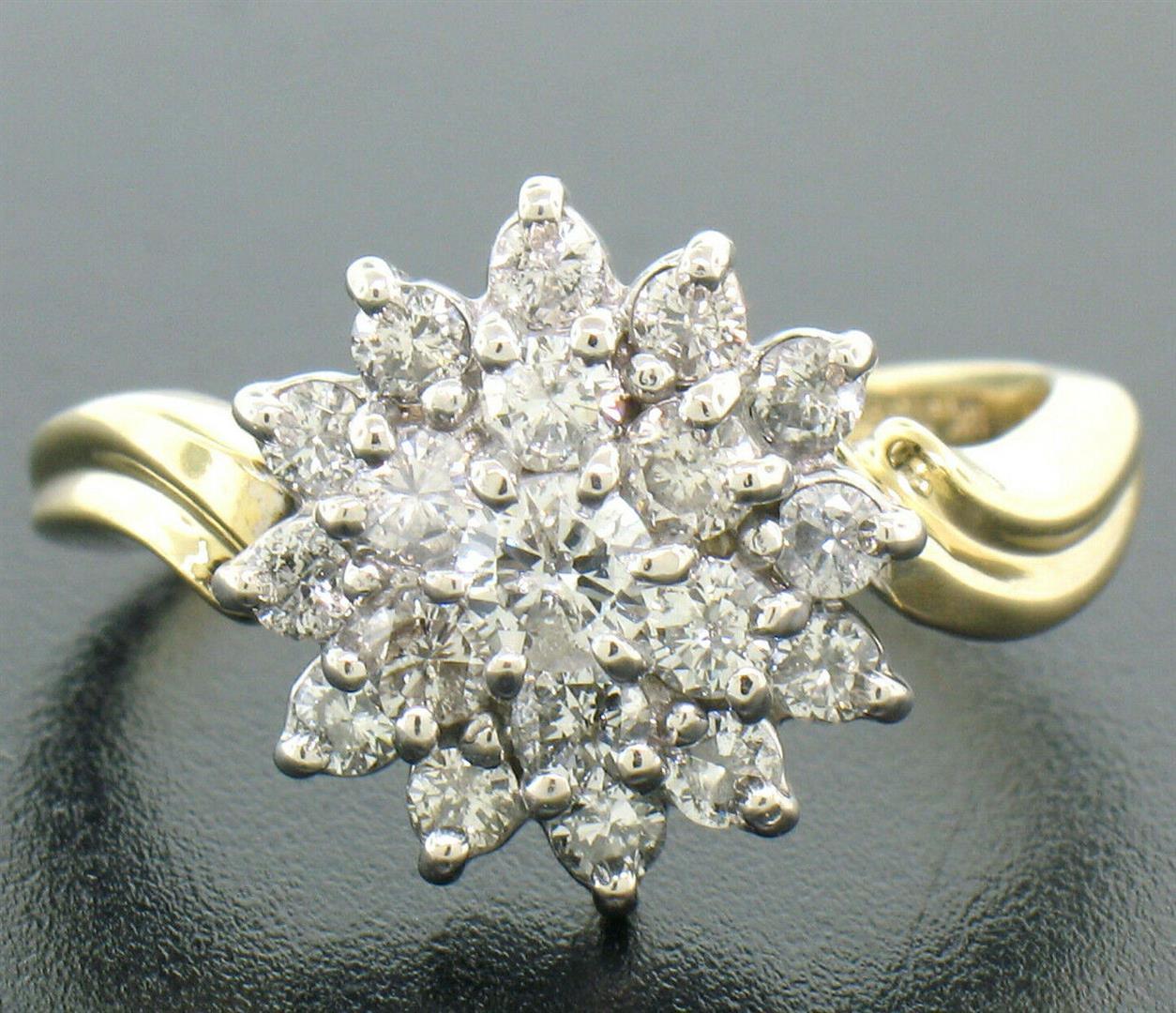 14k Two Tone Gold 1.10 ctw Round Diamond Flower Cluster Ring w/ Wavy Shank
