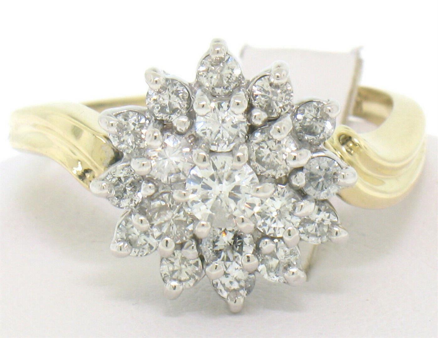 14k Two Tone Gold 1.10 ctw Round Diamond Flower Cluster Ring w/ Wavy Shank