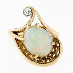 Vintage 14k Gold 2.07 ctw Oval Opal Solitaire & Round Diamond Accent Basket Ring