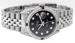 Rolex 36MM Stainless Steel Black Diamond Lugs & Ruby Datejust Wristwatch
