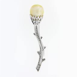 18k White Gold South Sea Pearl w/ 2.48 ctw White & Black Diamond Flower Brooch P