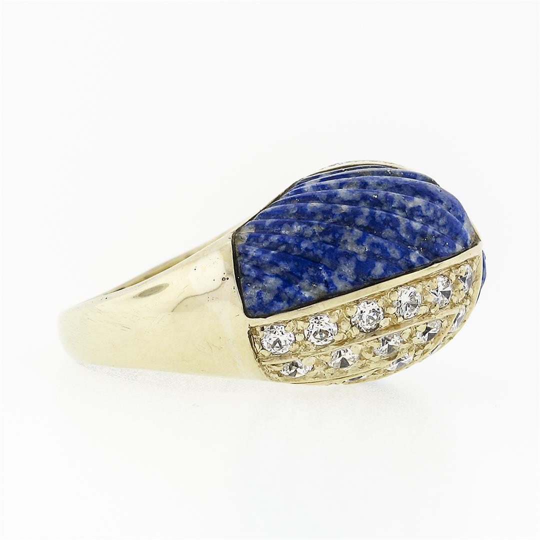 Vintage 18k Gold 1.92 ctw Carved Lapis & Round Diamond 4 Section Dome Bombe Ring