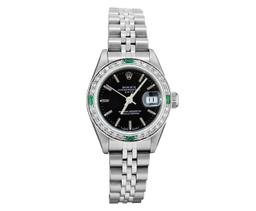 Rolex Ladies Quickset Stainless Steel Black Dial 18K Diamond And Emerald Bezel D