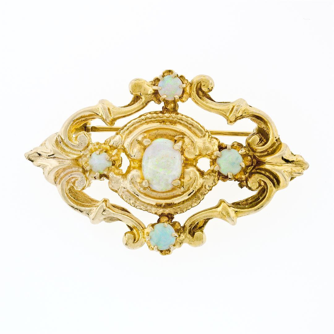 Vintage 14K Yellow Gold Oval & Round Opal Detailed Open Work Brooch Pin Pendant