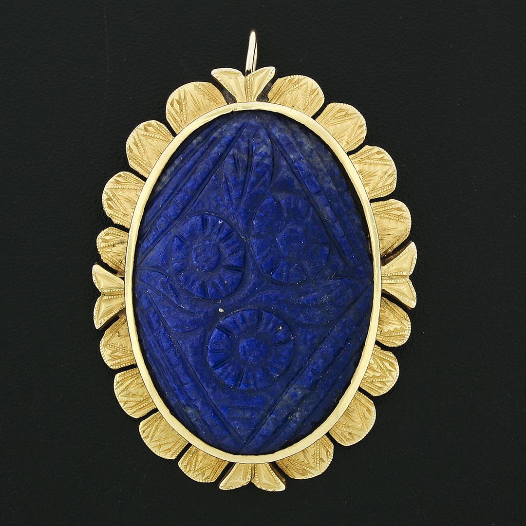 Antique Etruscan Revival 14k Gold GIA Carved Oval Blue Lapis Pendant or Brooch