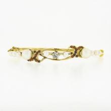 Vintage 14K Yellow Gold 0.52 ctw Diamond Garnet Pearl Hinged Open Bangle Bracele