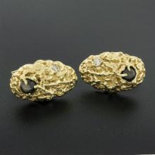 Men's Vintage 18k Gold Black Star Sapphire Diamond Oval Nugget Finish Cuff Links