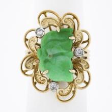 Vintage 14k Gold Carved Leaf Jade & Diamond Dual Finish Open Frame Cocktail Ring