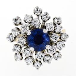 Vintage 14K TT Gold 3.26 ctw Round Sapphire Diamond Tiered Snowflake Cluster Rin