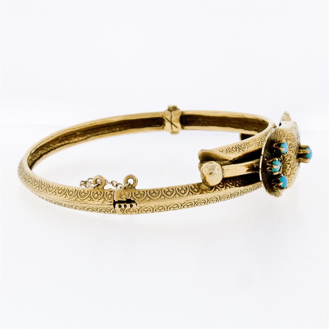 Vintage Etruscan Revival 14K Gold Persian Turquoise Textured Bow Bangle Bracelet