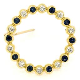 18k Yellow Gold.70 ctw Bezel Round Sapphire & Diamond Circle of Life Pin Brooch