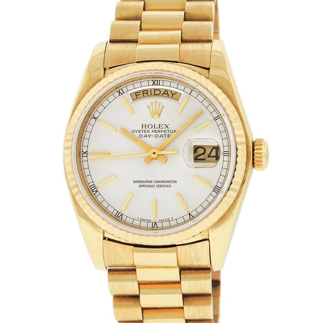 Rolex Mens Quickset 18K Yellow Gold Factory Silver Index Dial Day Date President