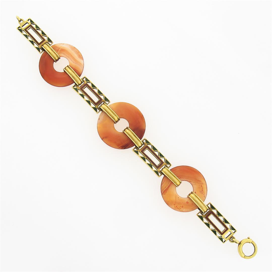 Antique 6.5" 14k Yellow Gold Orange Agate Orange & Green Enamel Link Bracelet