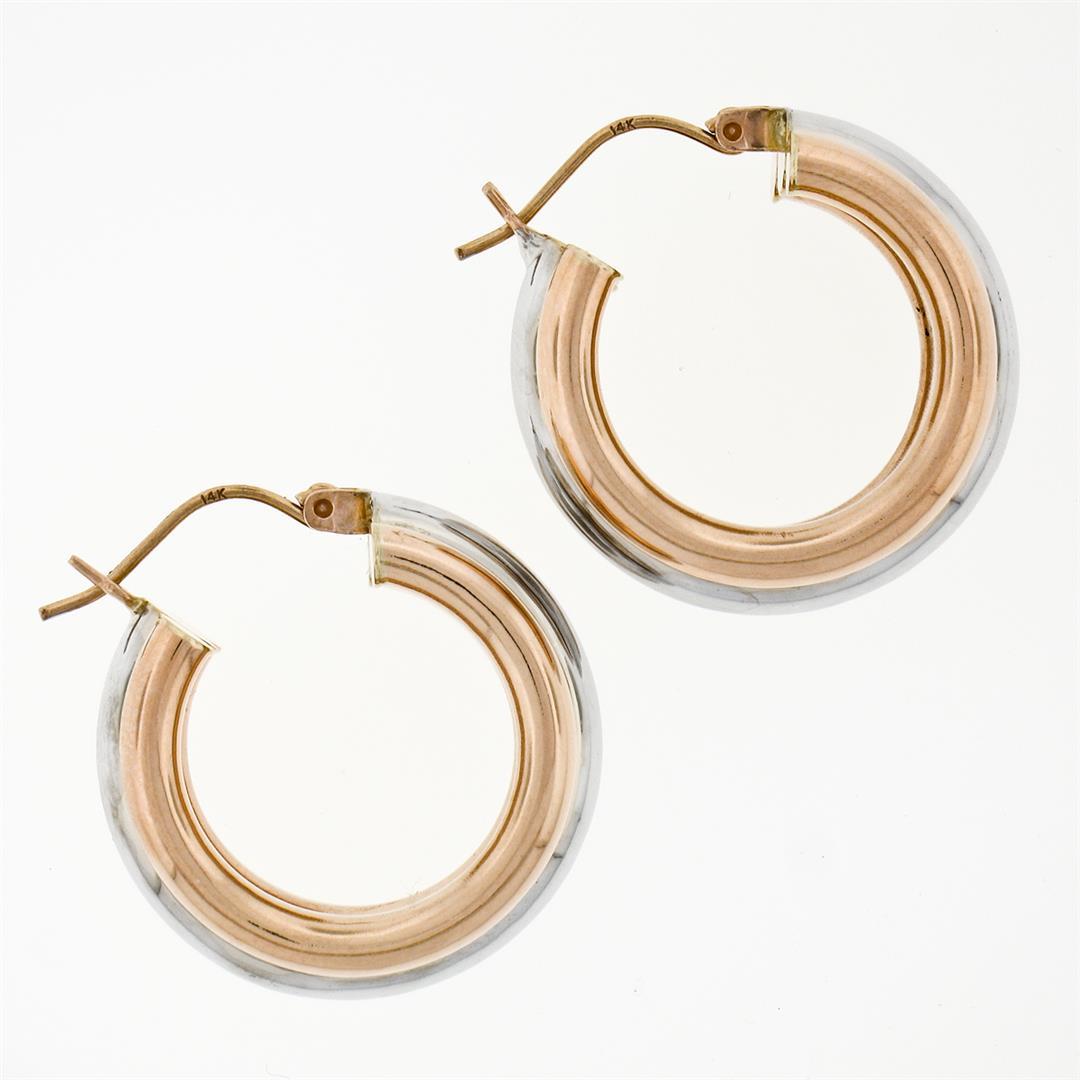 New 14k Rose & White Gold Triple Puffed Tube Round Hoop Earrings