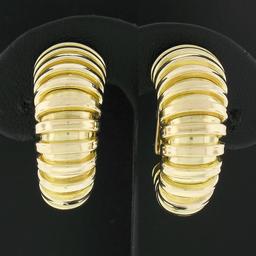 FRED 14K Yellow Gold Graduated Grooved Polished Hoop Huggie Clip On Earrings