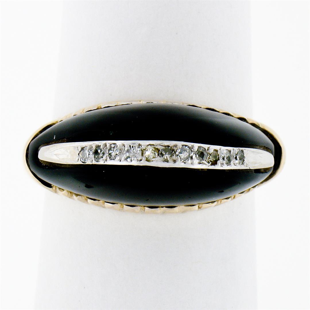 Vintage 14K Yellow Gold .13 ctw Pave Diamond & Domed Custom Cut Black Onyx Ring
