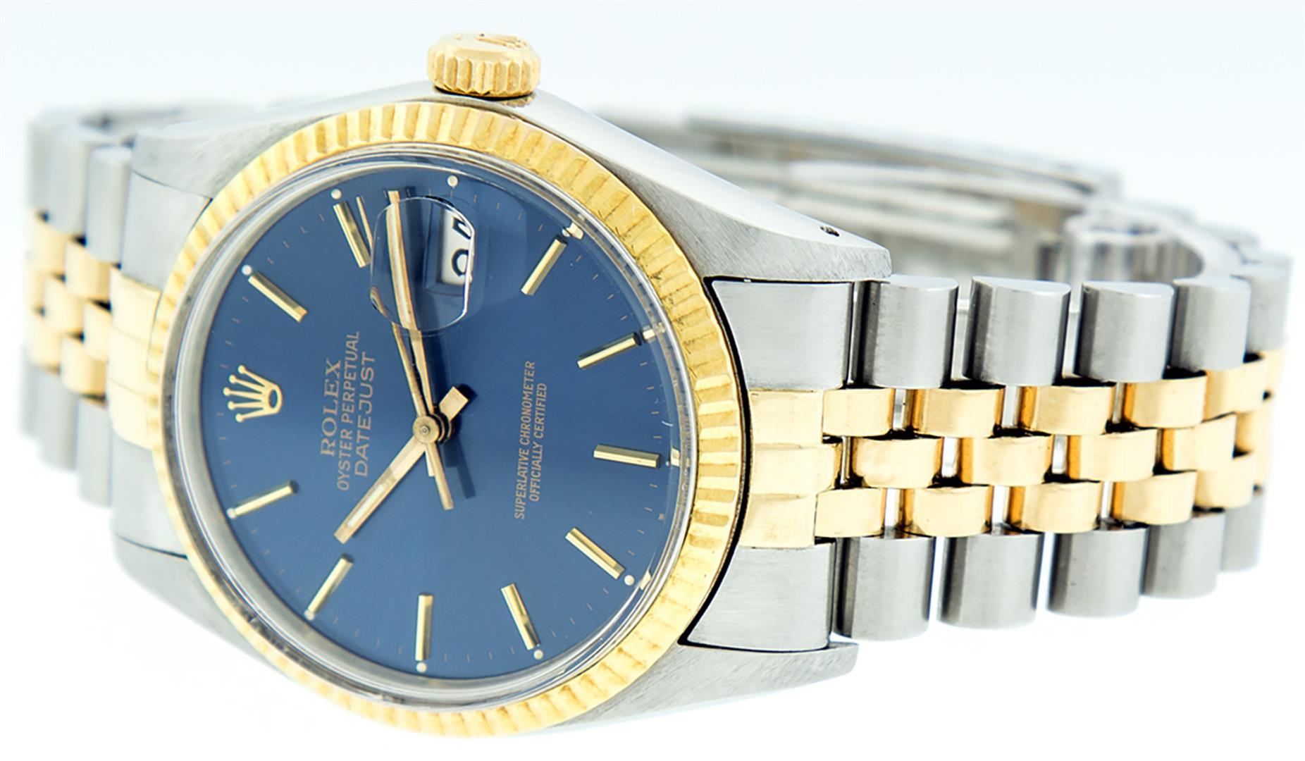 Rolex Mens 2T Yellow Gold And Steel Blue Index Fluted Bezel Datejust Wristwatch