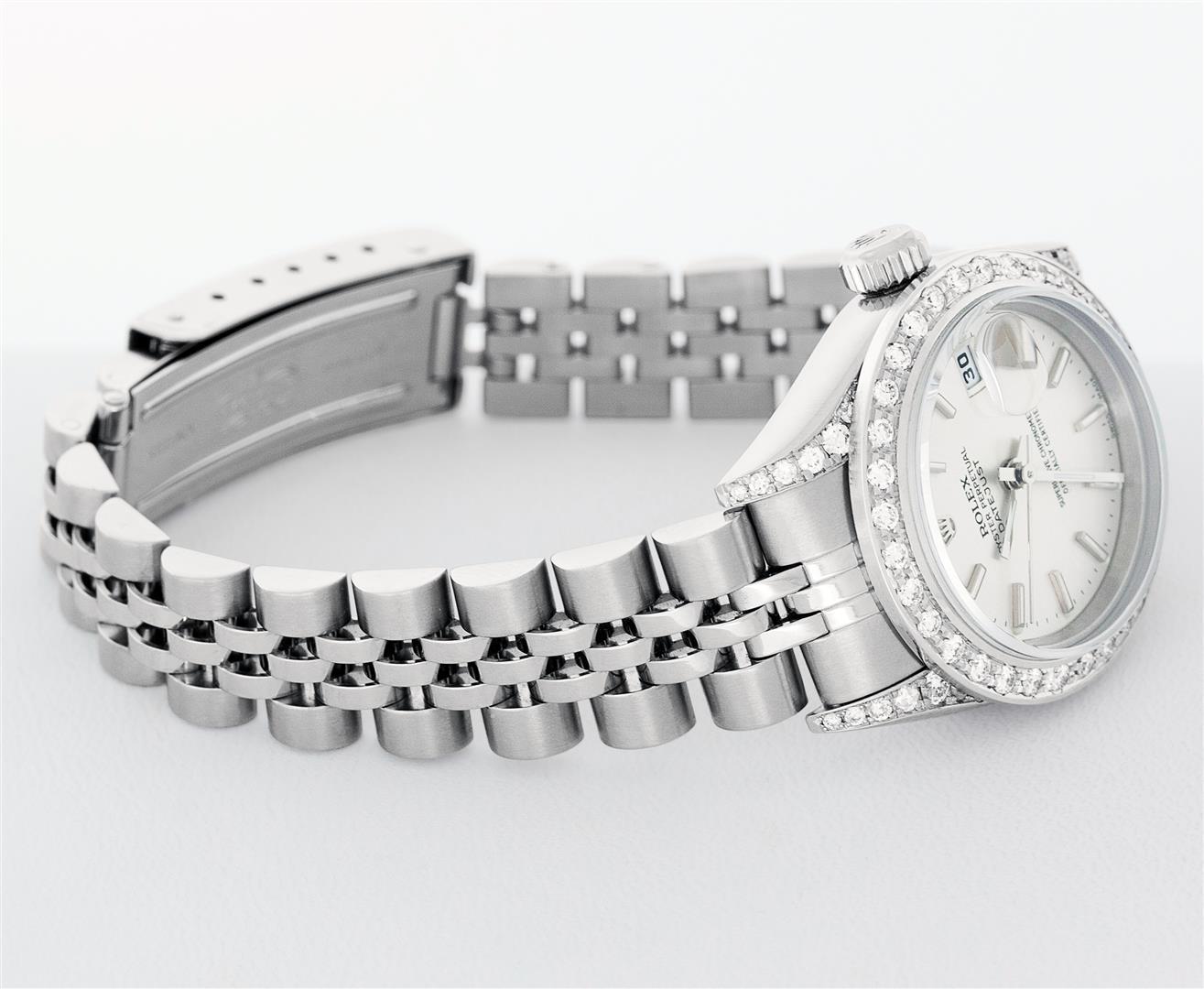 Rolex Ladies Quickset Stainless Steel Silver Index 18K White Gold Diamond Bezel