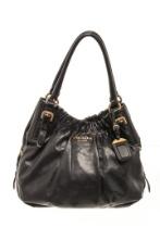 Prada Black Soft Calfskin Leather Gathered Shoulder Bag