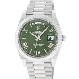 Rolex Mens 18K White Gold Olive Green Roman Dial Day Date President 40MM With Bo