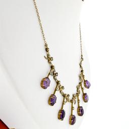 Rare Antique Victorian 14K Gold 14 ctw Oval Amethyst Pearl Fringe Collier Neckla