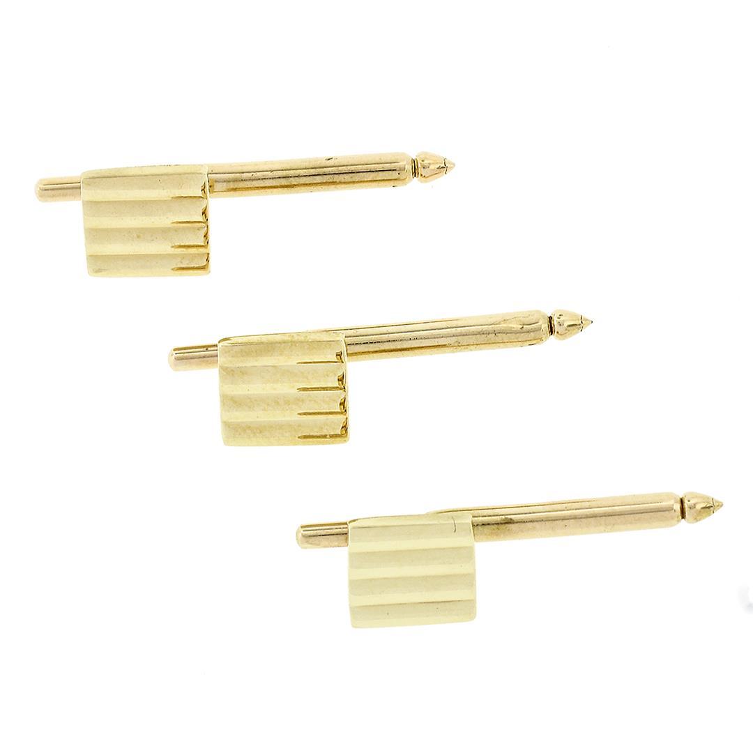 Men's Solid 14k Yellow Gold Grooved Pattern Square Cuff Link & 3 Button Stud Set