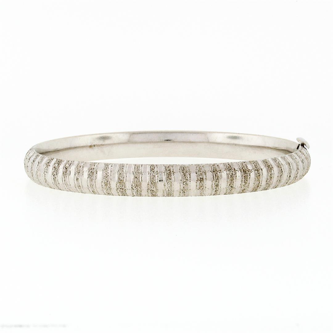 Vintage 14K White Gold Etched Textured Faceted 6.5" Open Slip On Bangle Bracelet