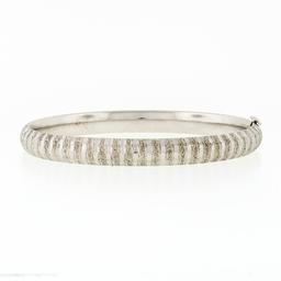 Vintage 14K White Gold Etched Textured Faceted 6.5" Open Slip On Bangle Bracelet