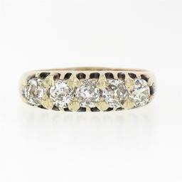 Antique Victorian 14k Rosy Yellow Gold 1.35 ctw 5 Old Mine Cut Diamond Band Ring