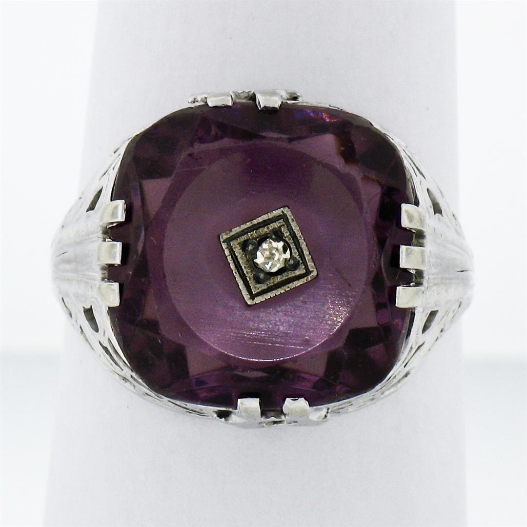 Antique Art Deco 14K White Gold Custom Cut Amethyst Diamond Etched Filigree Ring