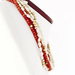 Vintage 14k Gold 16" Multi Strand Freshwater Pearl Coral Bead Torsade Necklace