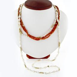 Vintage 14k Gold 16" Multi Strand Freshwater Pearl Coral Bead Torsade Necklace